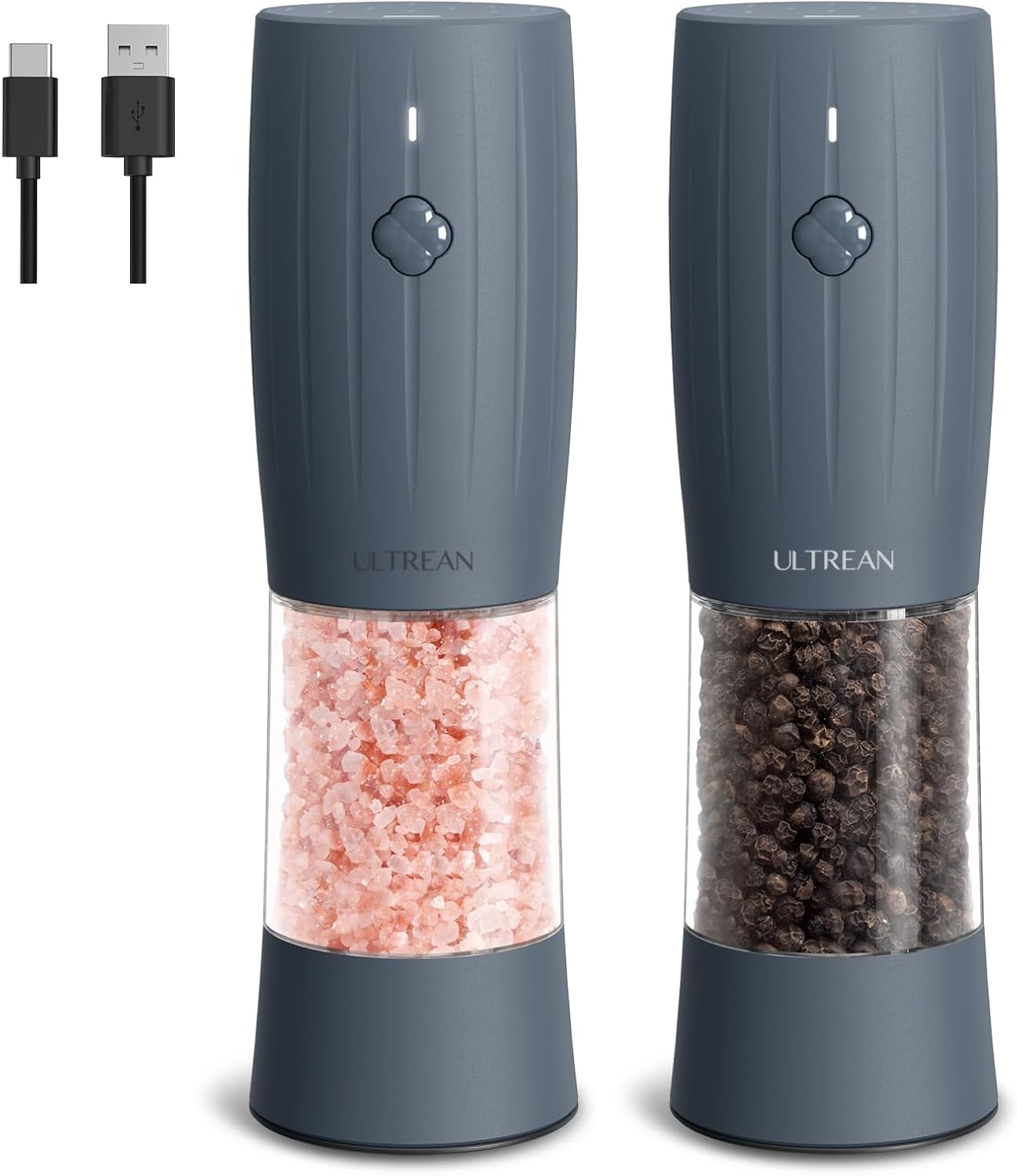 Ultrean Pepper Grinder, Electric Salt and Pepper Grinder Set with USB-C Rechargeable, Spice Mill, 6 Adjustable Coarseness, LED Light, Larger Capacity, Gift for Women Mom, Blue-Grey