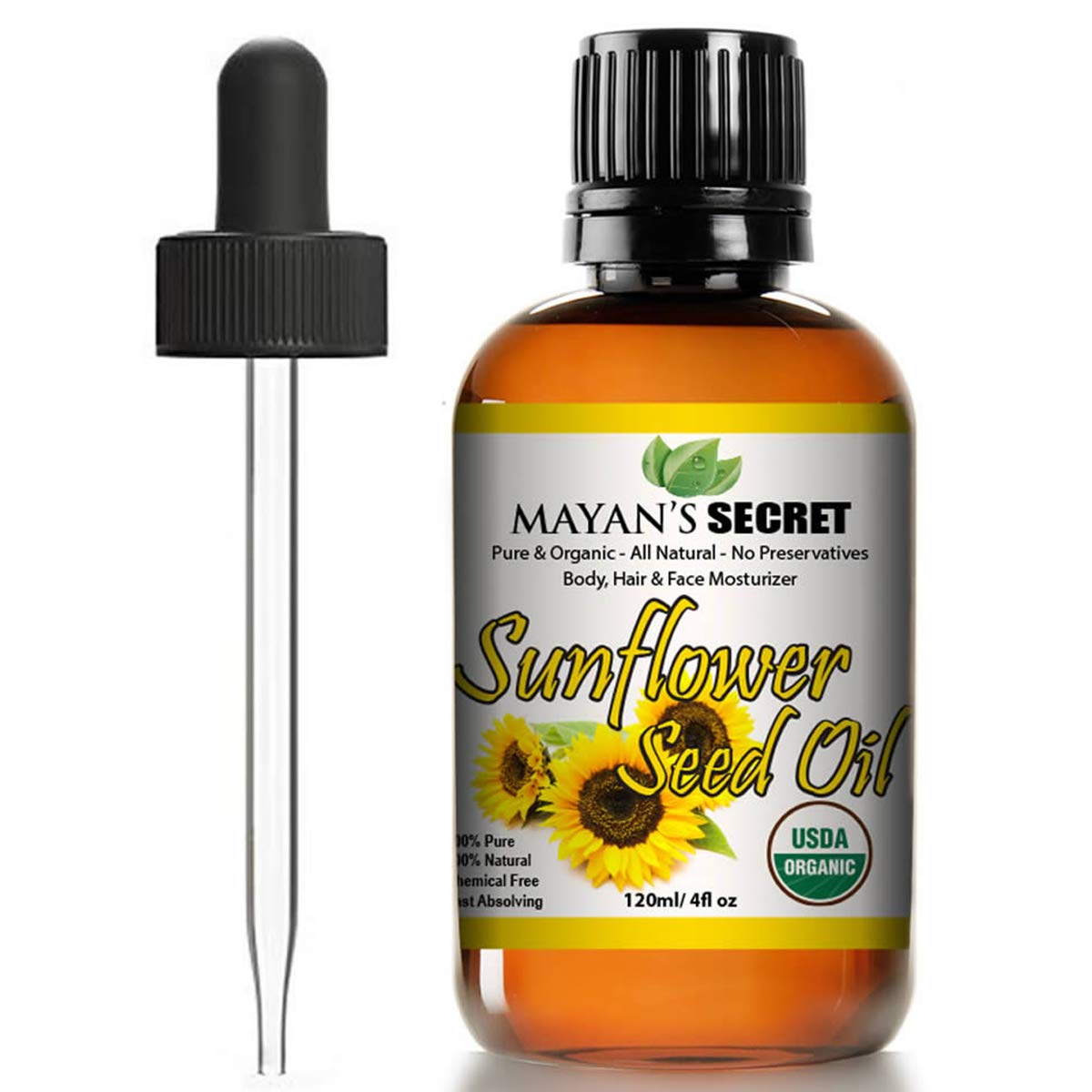 Mayan's Secret Sunflower Seed Oil - 4oz Size | All Natural Cold Pressed USDA Certified Organic - High oleic| Daily or Nighttime Regimen Large 4oz Amber Glass Bottle & Glass Dropper.