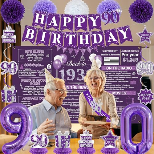 Image of Crenics Purple 90th Birthday Decorations for Women - Back in 1936 Backdrop, Banner, Swirls, Centerpieces, Sash, Paper Pom Poms, Cake Topper and Balloons for 90 Birthday Party Supplies