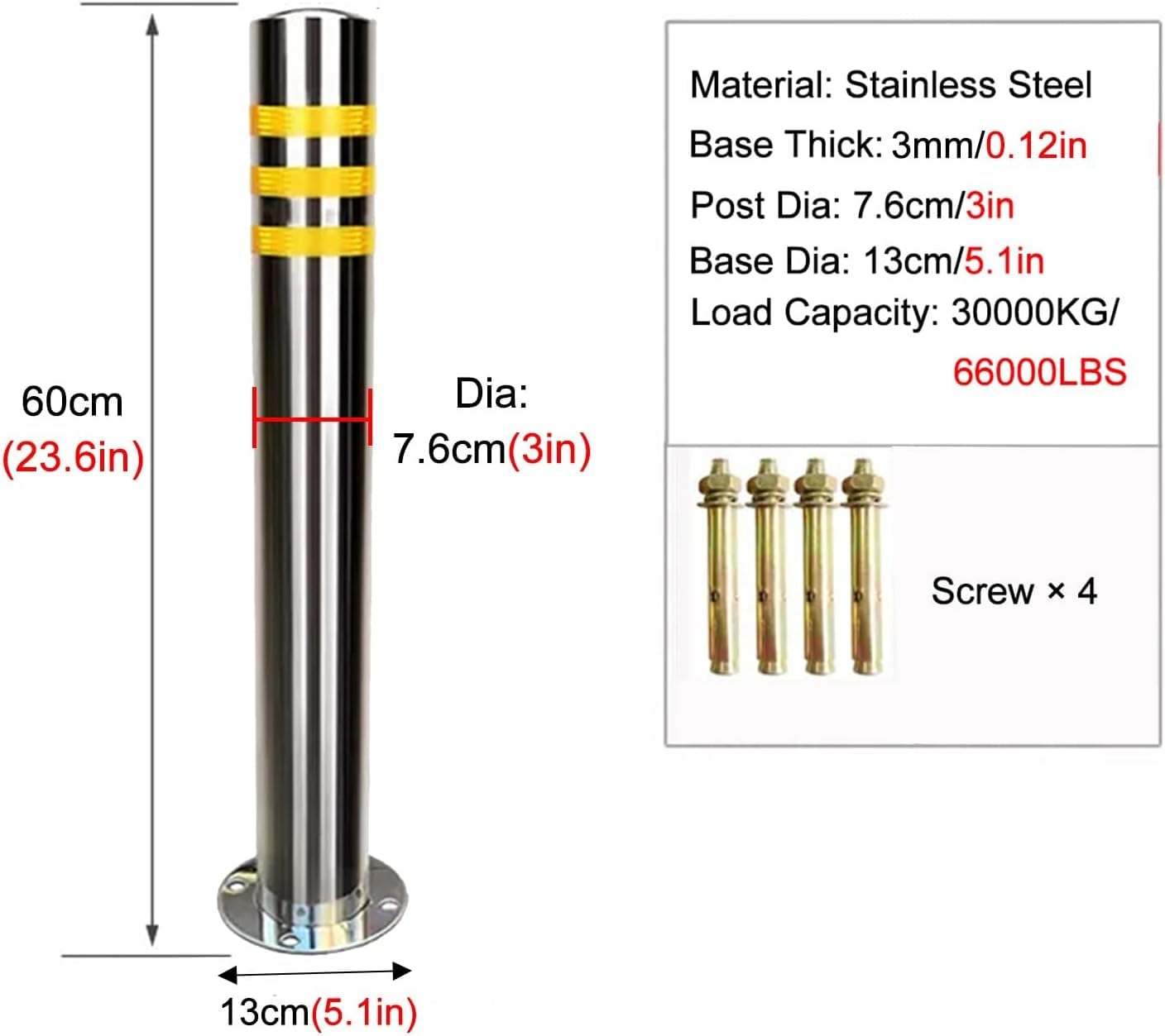Barrera De Acceso Vehicular, Postes Delimitadores De Tráfico, Postes Permanentes para Seguridad Industrial En Fábricas/Obras De Construcción, Bolardos Reflectantes D,3 Pcs-60cm/23.6in Tall