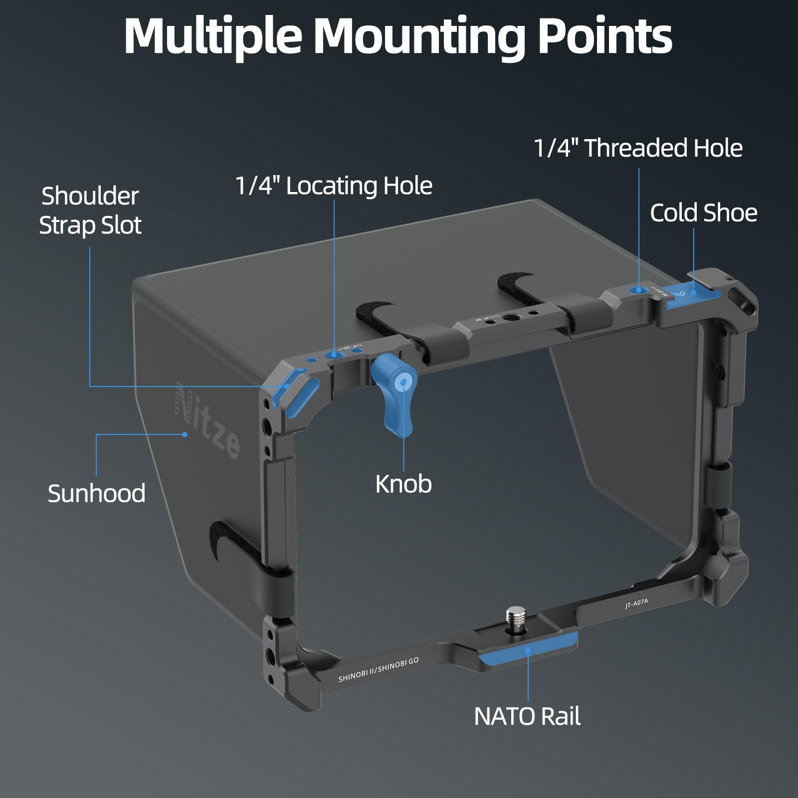 Nitze Shinobi 2 Cage, Gabbia per Atomos Shinobi II/Shinobi Go, Gabbia per Monitor con Parasole e Guida NATO - JT-A07B