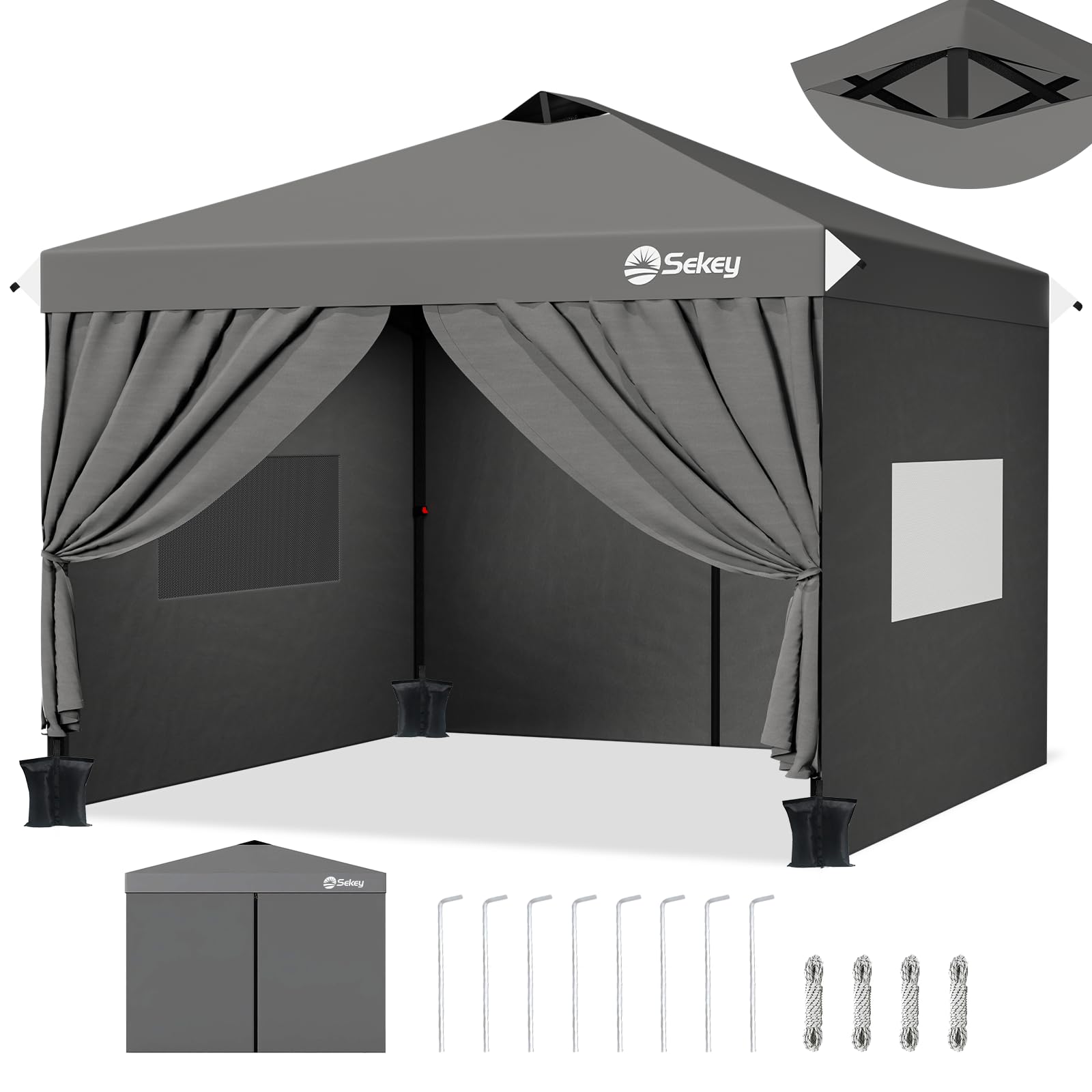 Sekey Pop Up Pavillon 3x3 mit Privatsphäre-Fenstern – Wasserdicht, Stabil & Winterfest, Faltpavillon 3 x 3 m, Camping Pavilion mit 4 Seitenwänden, Höhe 3-Fach verstellbar, inkl. Tragetasche