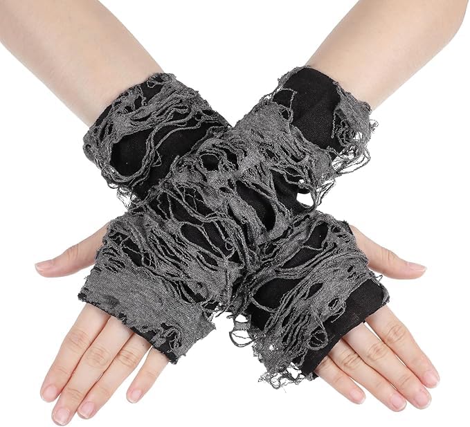 Kawn Punk Fingerless Gloves for Women & Girls | Gothic Ripped Arm Warmers | Long Polyester Cosplay Gloves | Rock Costume Accessories for Halloween Party Fancy Dress (1 Pair)-image-34