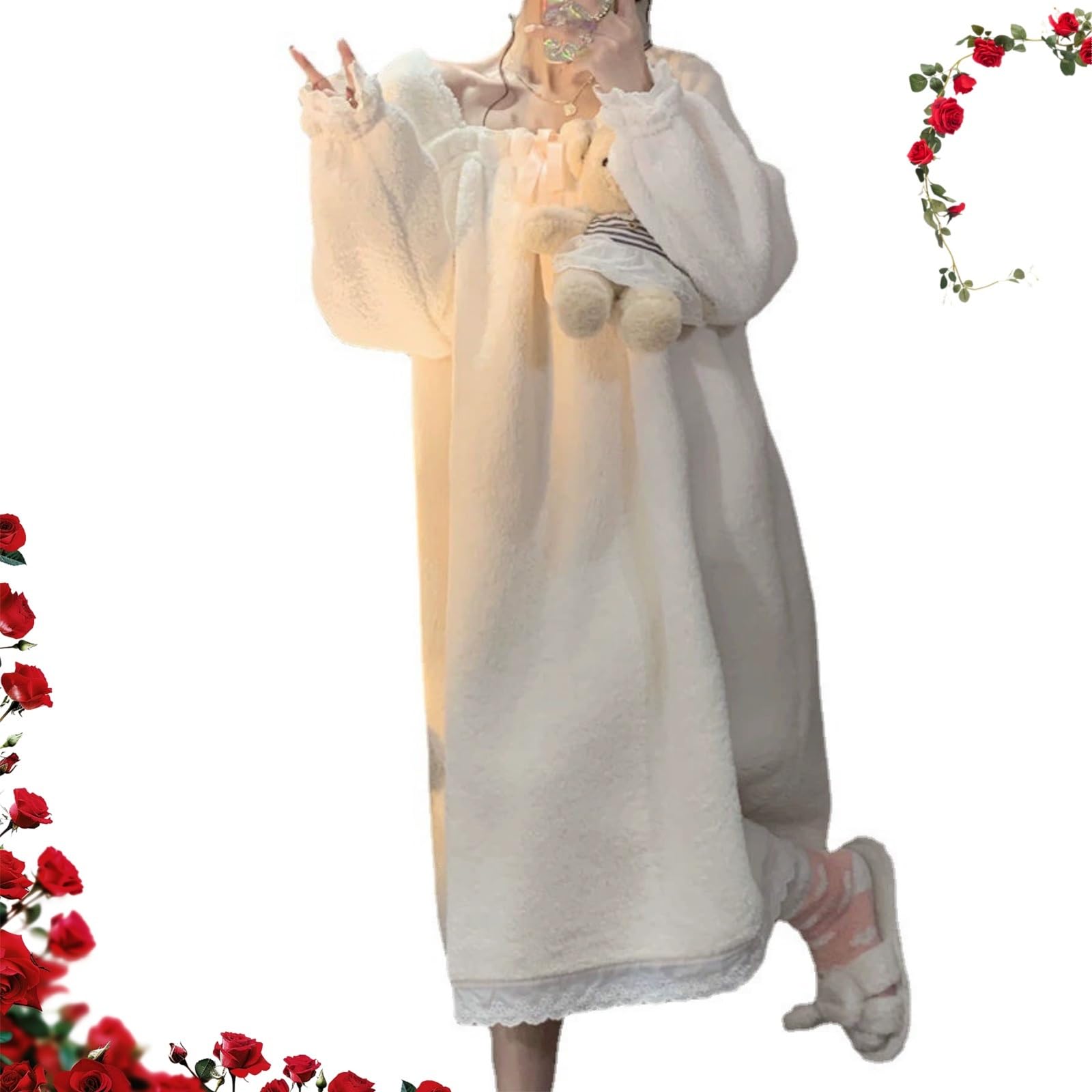 Fjzfxkzl Women's White-A Flannel Nightgowns, Long Sleeve Night Dress, Winter Coral Fleece Sleepwear Nightgown, For Autumn(,L)
