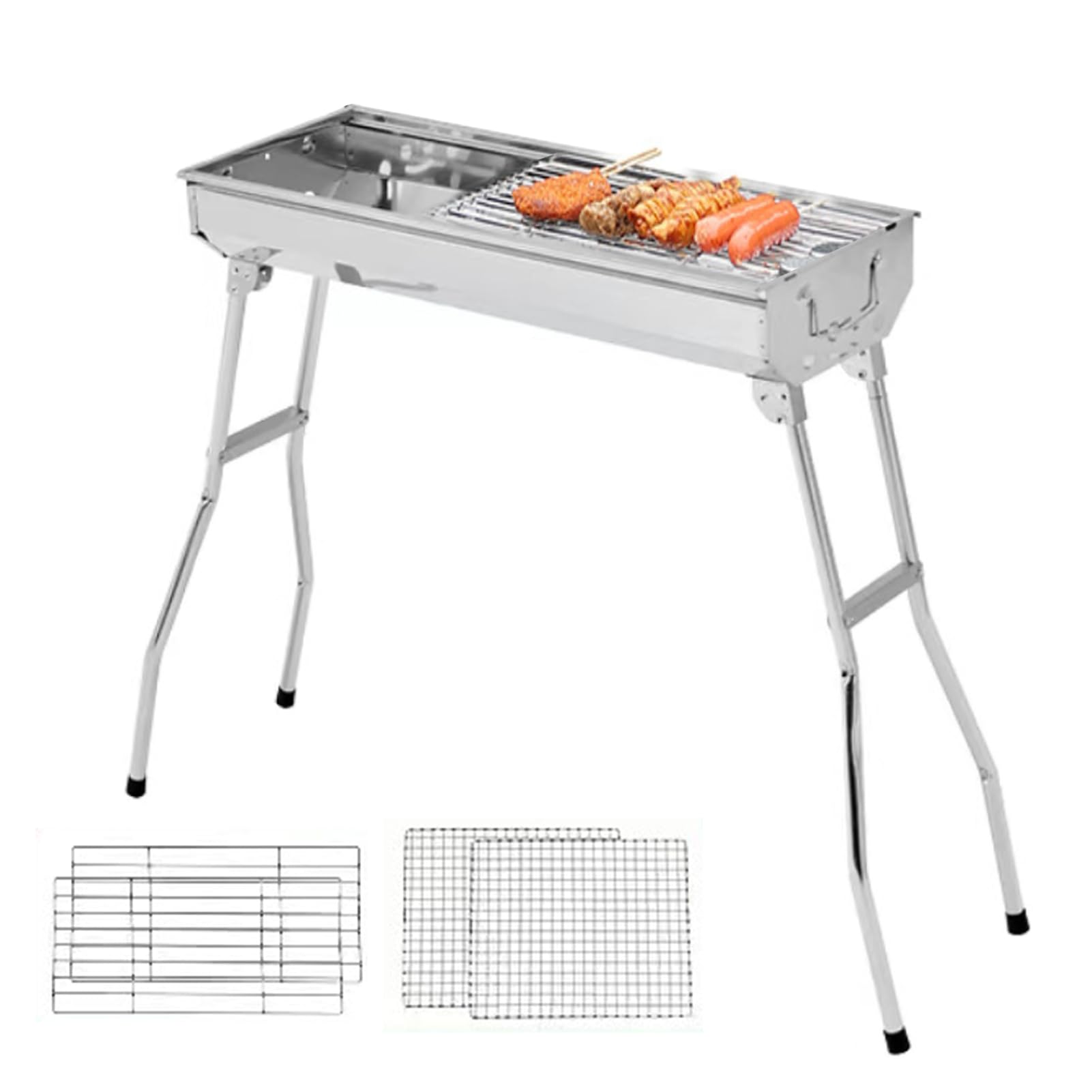 Beauenty Portable Foldable Barbecue Grill, Stainless Steel, Large Capacity, Heat-Resistant Handles, Easy to Clean, Ideal for Home, Camping, Outdoor Picnics (Set 1)