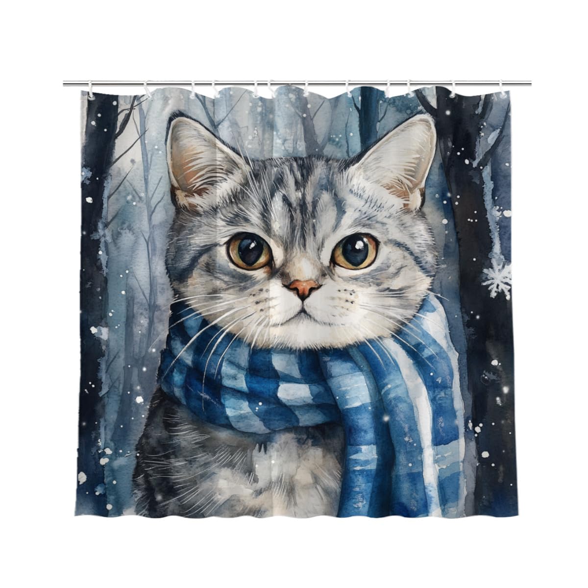 NGZ Winter Christmas Shower Curtain, Cute American Shorthair Cat Snowflake Scene Shower Curtains for Bathroom, Pine Tree Covered Snow Fabric Bath