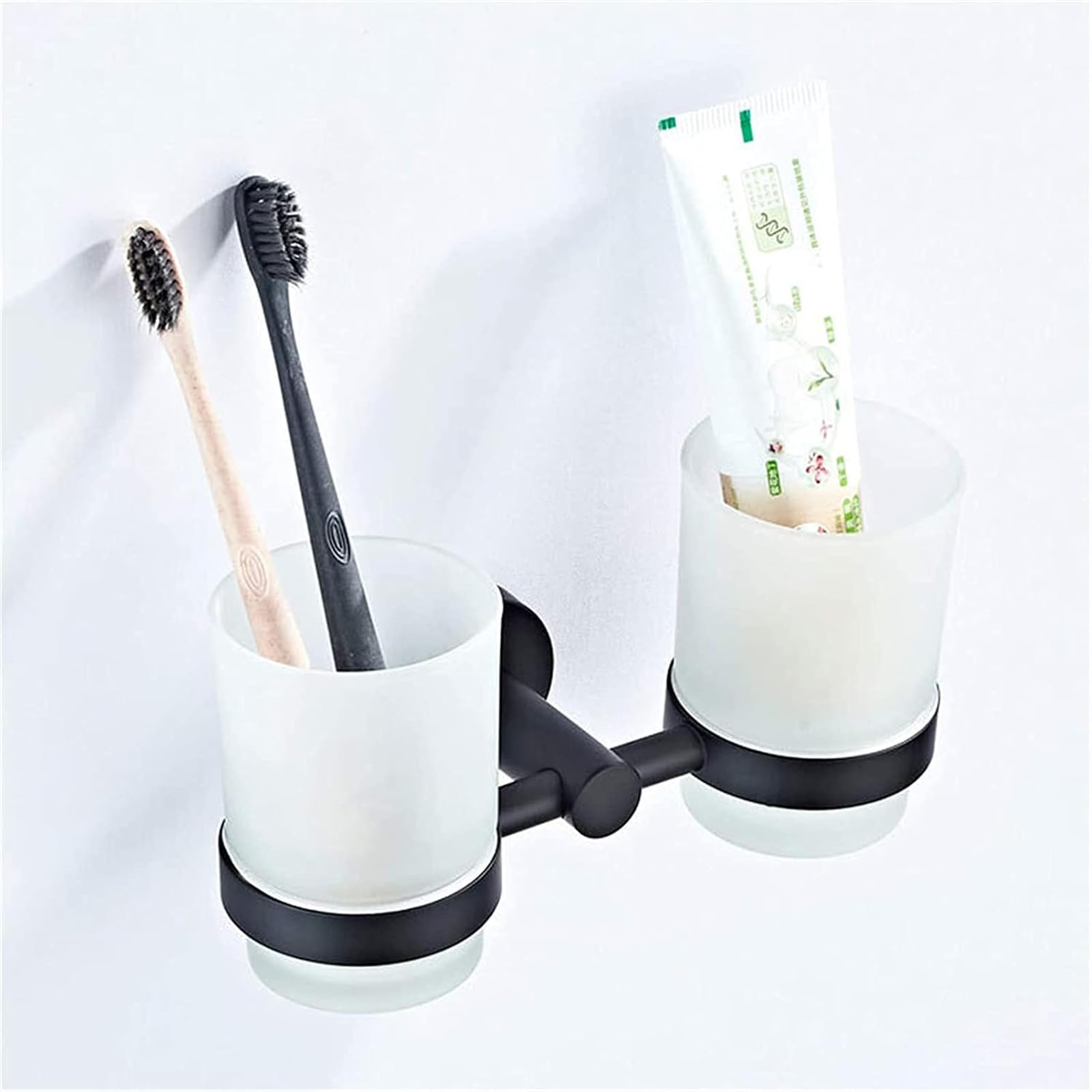 IPEA Porta Spazzolino Adesivo da Parete con Doppio Bicchiere - Non Necessita Foratura - Design Moderno - Elegante Porta Spazzolini e Dentifricio da Muro Incollare in Bagno, Doccia - Supporto Nero