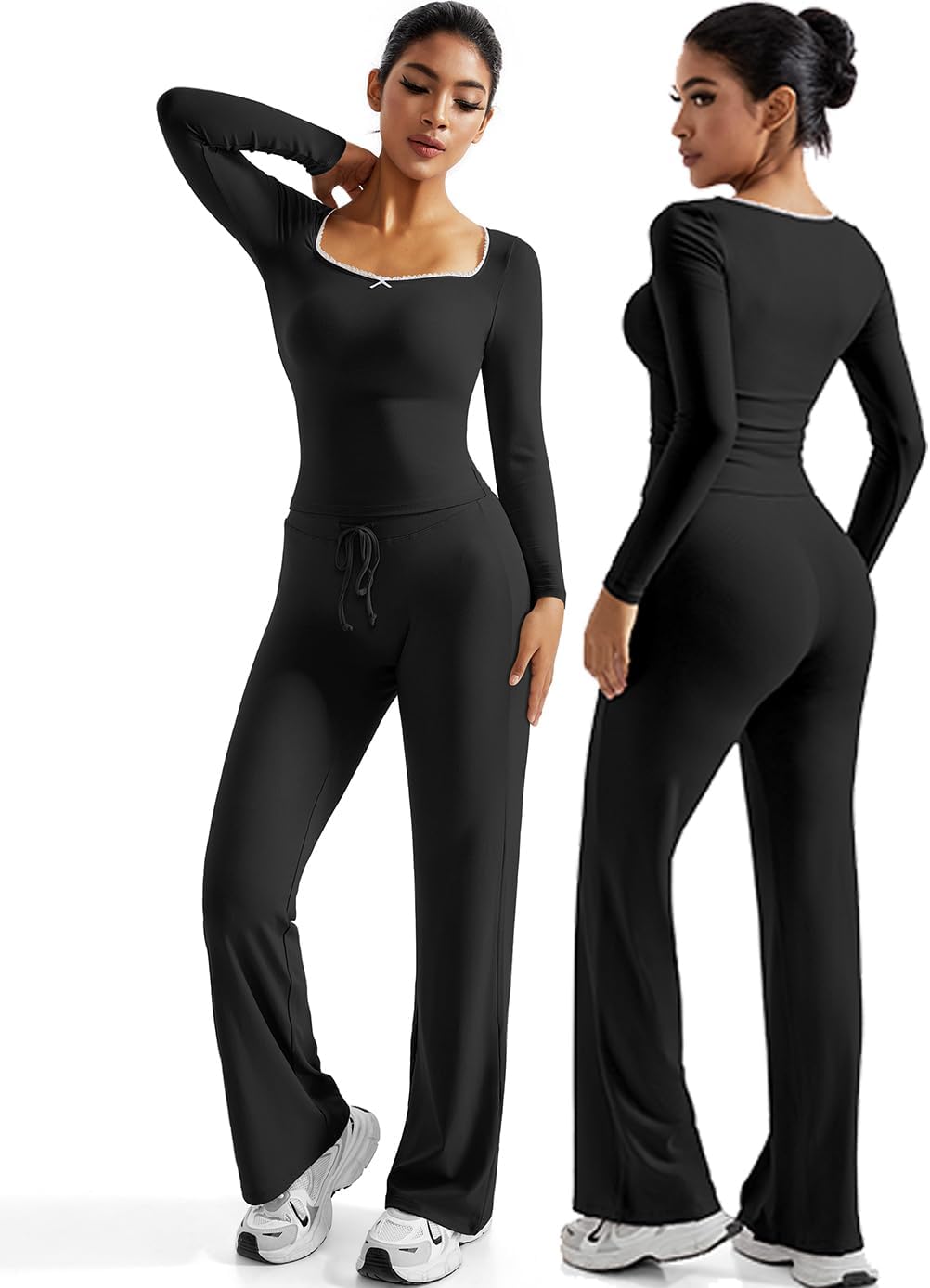 (Size XL) OMKAGI Womens Lounge Set Lace Square Neck Long Sleeve Tops Wide Leg Pants 2 Piece Outfits 31 Inseam X-Large Black