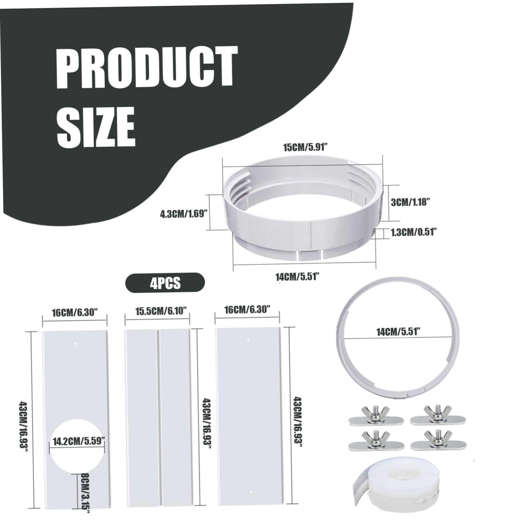 Kit di ventilazione per finestra CA portatile da 4 pezzi/set Kit di guarnizione per finestra CA regolabile 4 in 1 per diametro 5, 9 e 5, 1..Tubo di scarico, guarnizione in plastica per condizionatore