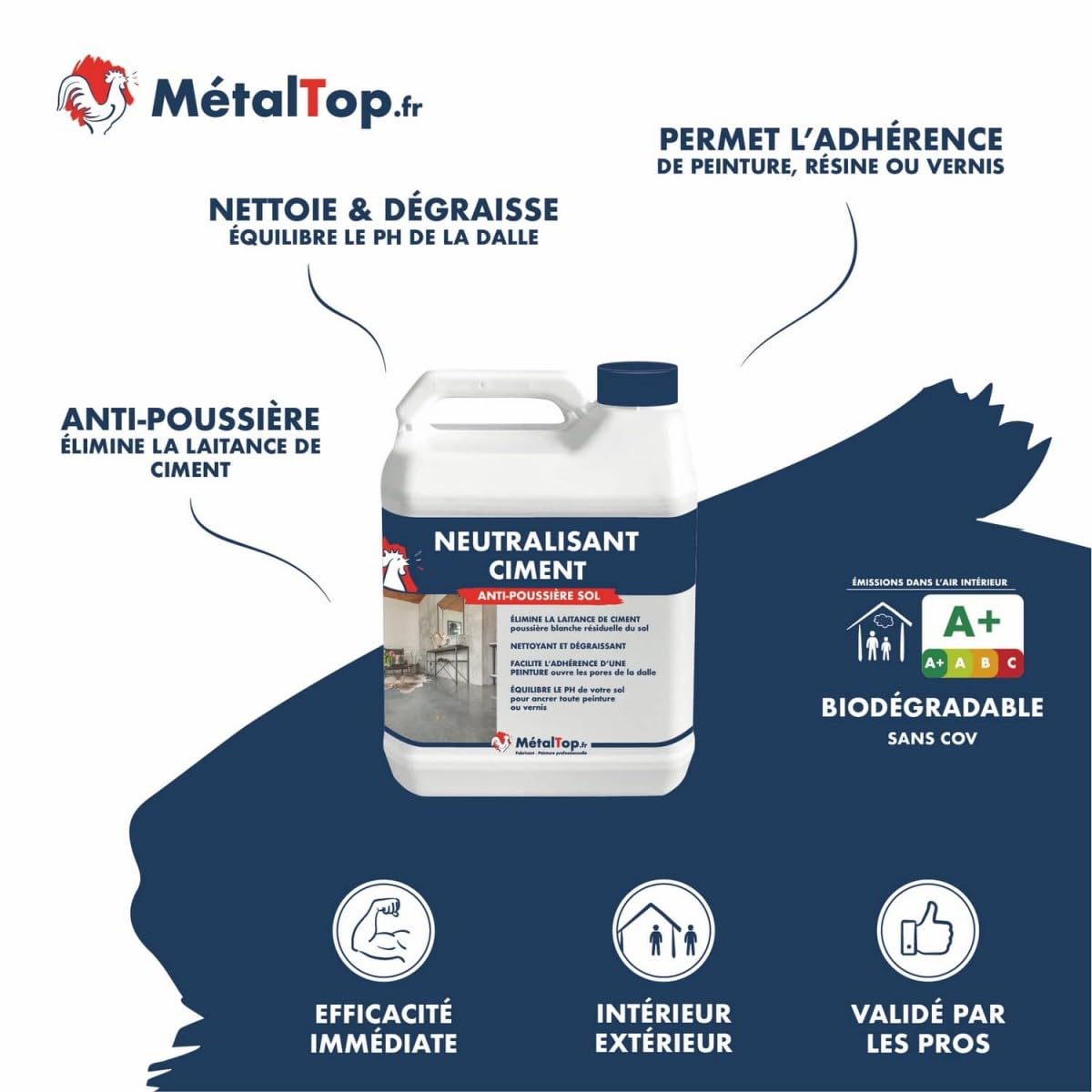 Metaltop - Neutralisant Ciment - 5 L - Dérochant et nettoyant pour sols béton avant peinture