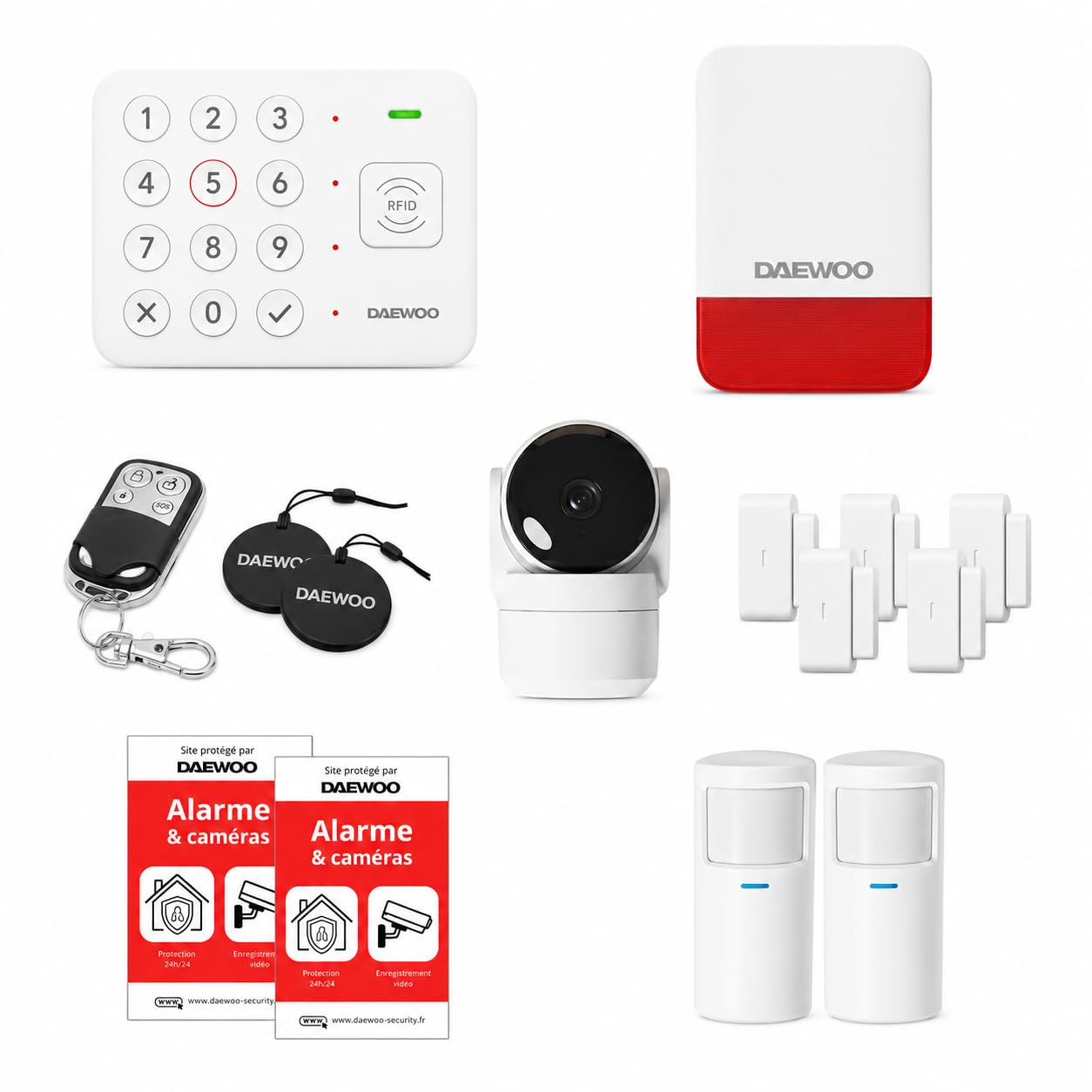 Daewoo Security - Pack Alarme Maison WiFi Vigilia VIG103 – sans Fil sans Abonnement, Caméra Full HD, Sirène Extérieure, Détecteurs Mouvement & Ouverture, Compatible Animaux, App Mobile