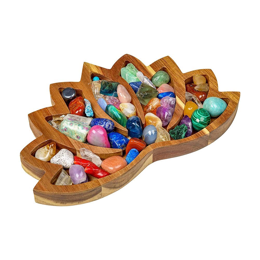 EdirFtra Lotus Shaped Tray Crystal Holder, Crystals & Healing Stones Wooden Box Display Tray, Home Storage Decoration Crystal Tray Wooden Box Crystal Shelf Display