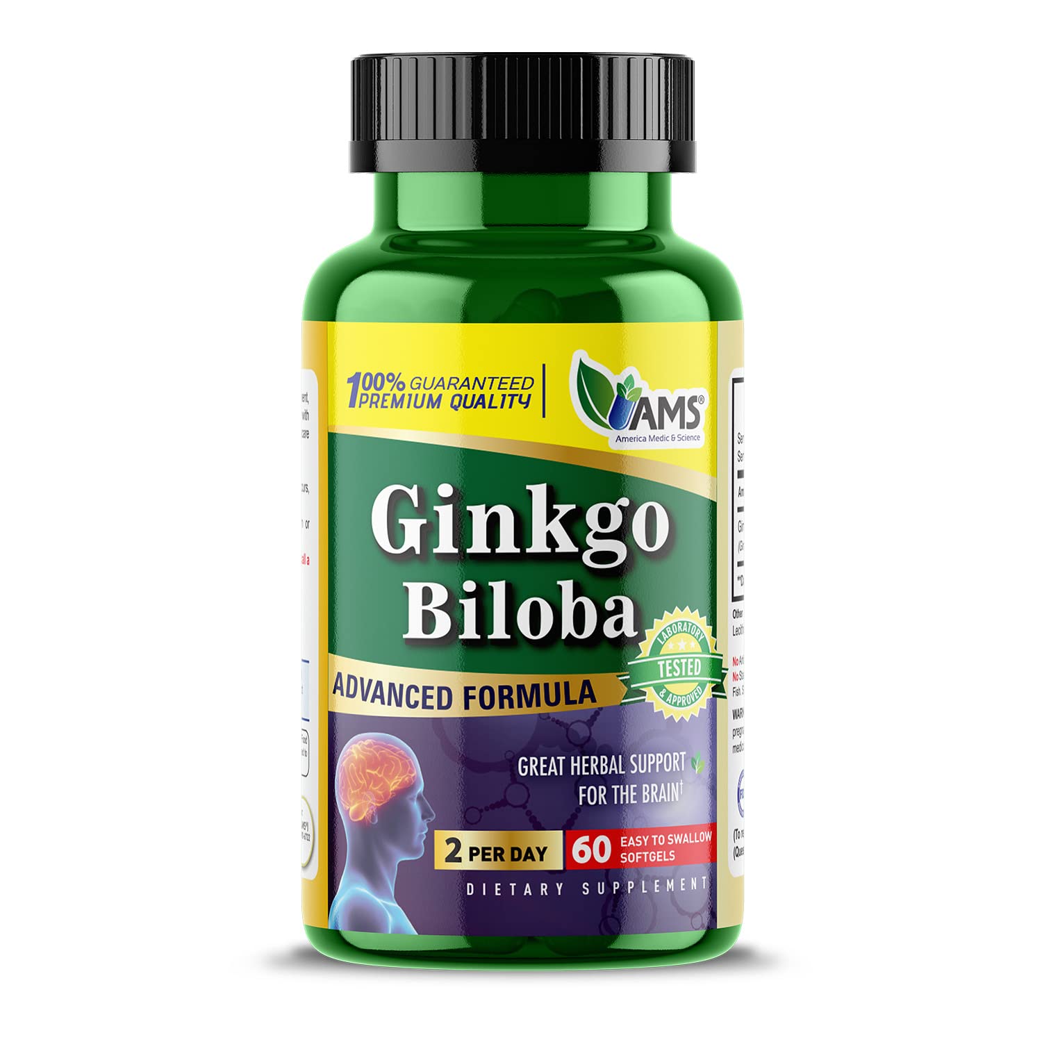 America Medic & Science Ginkgo Biloba 60mg (60 Softgels) | Brain Booster Supplement for Men and Women | Mind Enhancer with Herbal Leaf Extract 60 Count (Pack of 1)