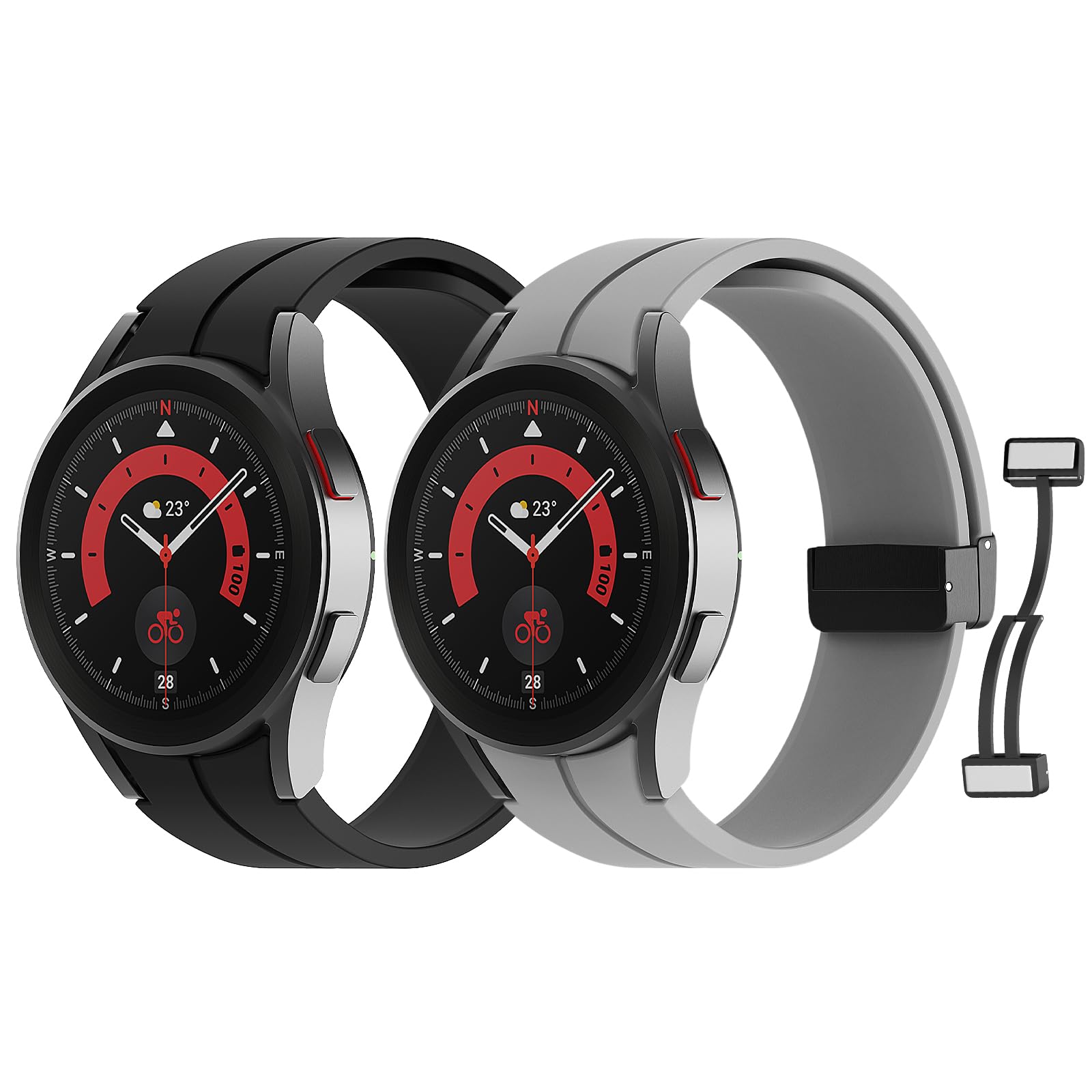 MoKoMoKo 2 Pack Straps Compatible with Samsung Galaxy Watch 7 FE 6 5 4 Strap 40mm 44mm/Watch 6 Classic 43mm 47mm/5 Pro 45mm/4 Classic 42mm 46mm, No Gap Magnetic Clasp Silicone Band, Black/Light Gray