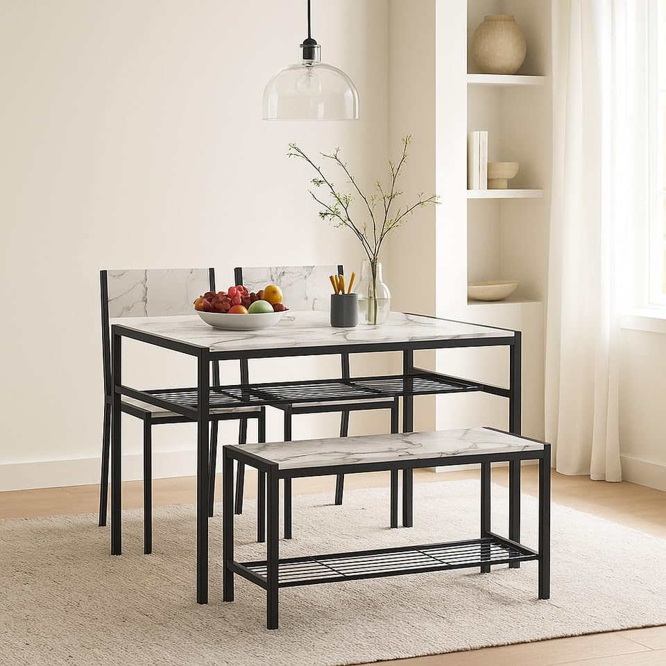 URBNLIVING 4-Piece Dining Set with Table, 2 Chairs & Bench Modern Kitchen Furniture with Sturdy Metal Frame and Wood-Look Finish Compact Design for Small Dining Rooms or Apartments