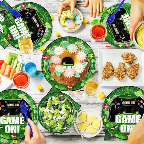 Image of Grencian 96Pcs Green Video Game 10th Birthday Party Supplies, Serves 24 | Video Game Paper Plates and Napkins Video Game Birthday Tableware Set for Kids Boys 10th Birthday Gamer Gaming Party Supplies
