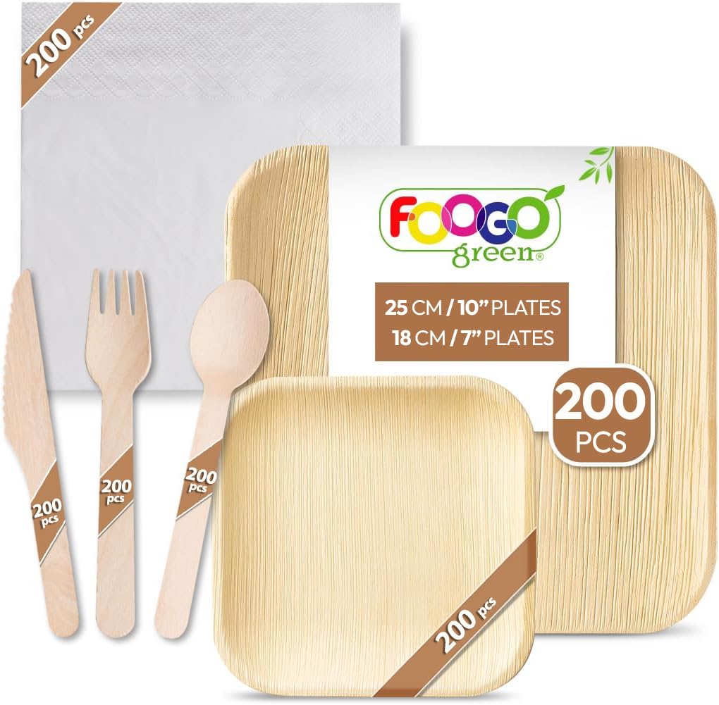 FOOGO Green 1200pcs Disposable Palm Leaf Plates Wooden Cutlery Set and Napkins, FSC® Certified, 200x Large Square, 200x Small Side Plates, 200x Forks, 200xKnives, 200xSpoons, 200x White Napkins — image 1