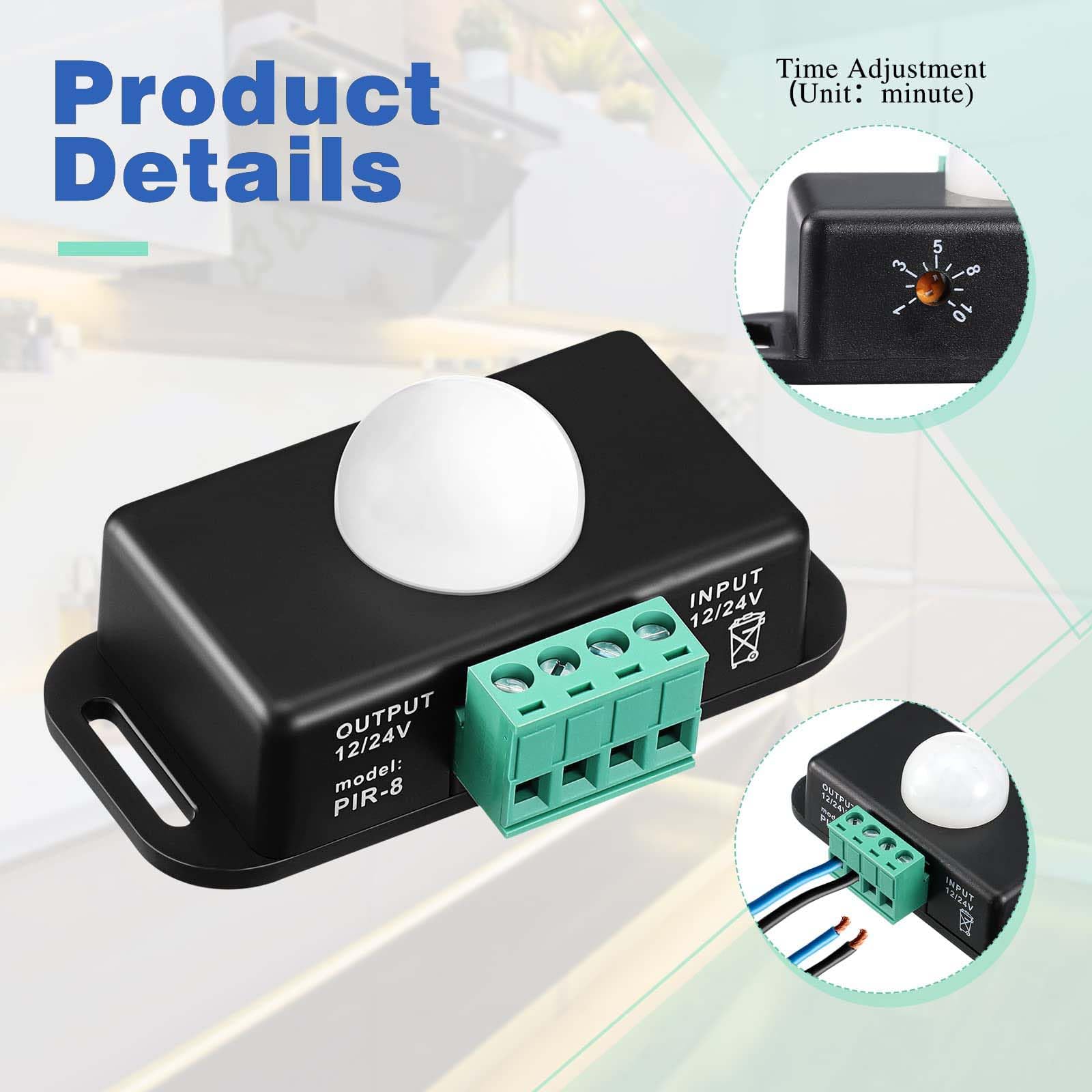 Lot de 6 détecteurs de mouvement PIR - 12 V/24 V - Détecteur infrarouge LED réglable avec sondes intégrées pour bandes lumineuses flexibles - Noir