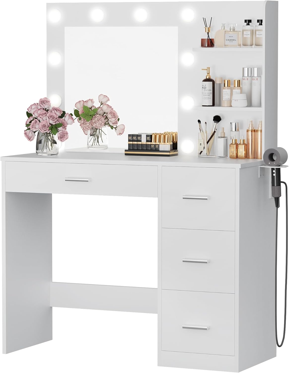 Furmax Vanity Desk with LED Lighted Mirror&Power Outlet, Makeup Vanity Table with 4 Drawers, 3 Open Storage Shelves, and 3 Color Modes, for Bedroom (Pure White)