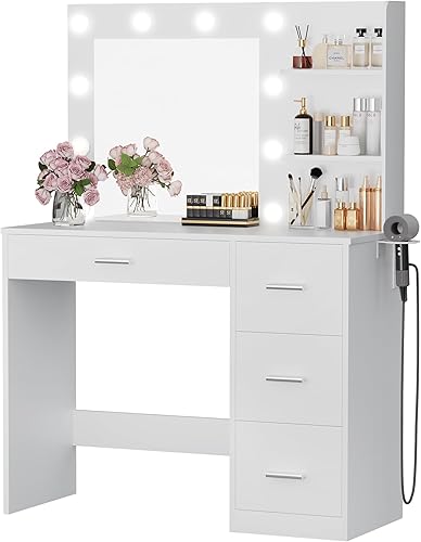 Furmax Escritorio de tocador con espejo iluminado LED y toma de corriente, mesa de tocador de maquillaje con 4 cajones, 3 estantes de almacenamiento