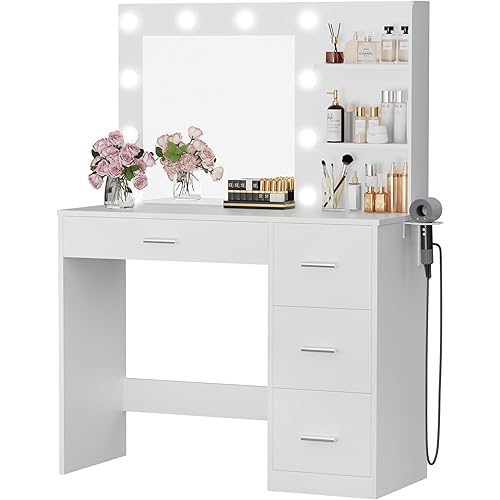 Furmax Vanity Desk with LED Lighted Mirror&Power Outlet, Makeup Vanity Table with 4 Drawers, 3 Open Storage Shelves, and 3 Color Modes, for Bedroom (Pure White)