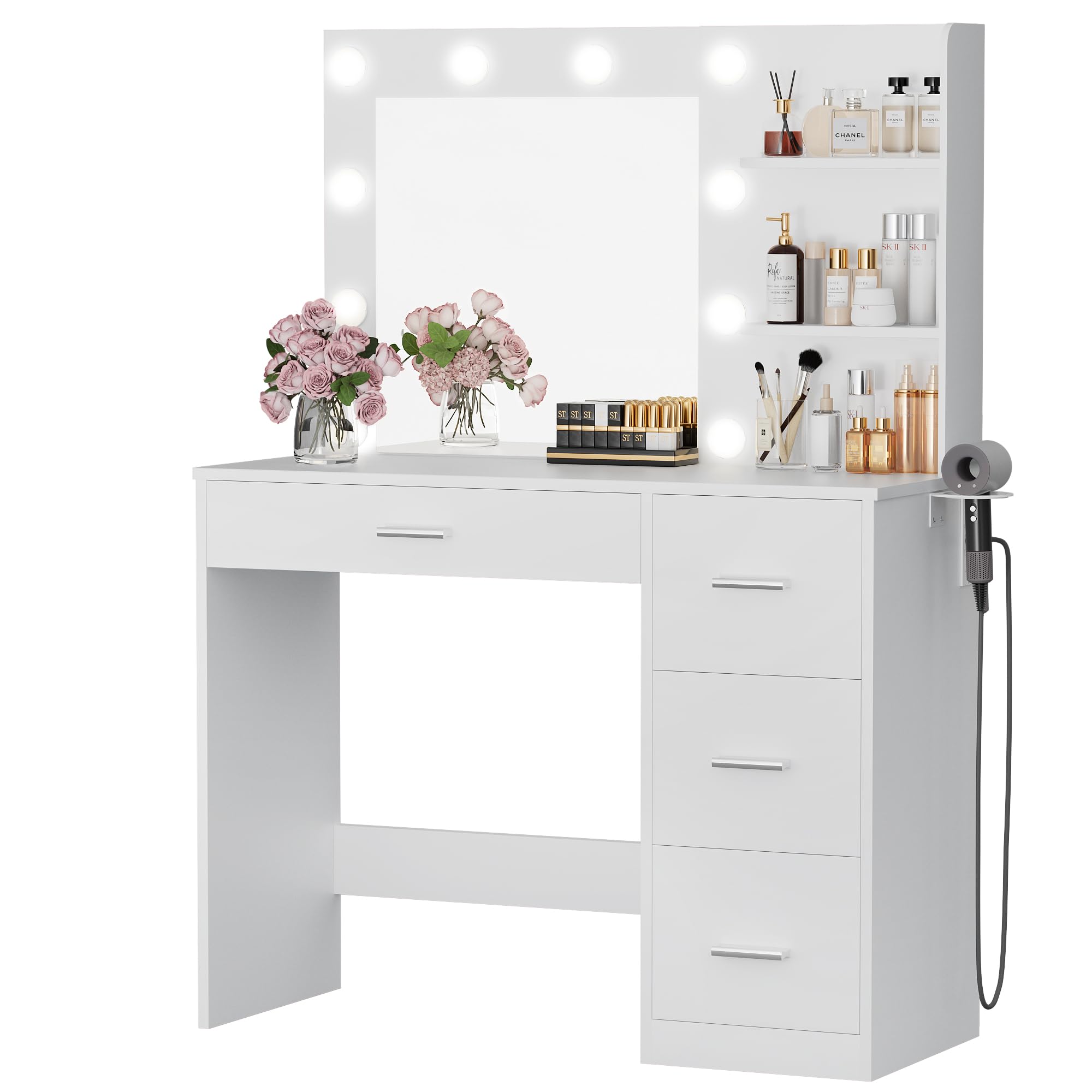Furmax Vanity Desk with LED Lighted Mirror&Power Outlet, Makeup Vanity Table with 4 Drawers, 3 Open Storage Shelves, and 3 Color Modes, for Bedroom (