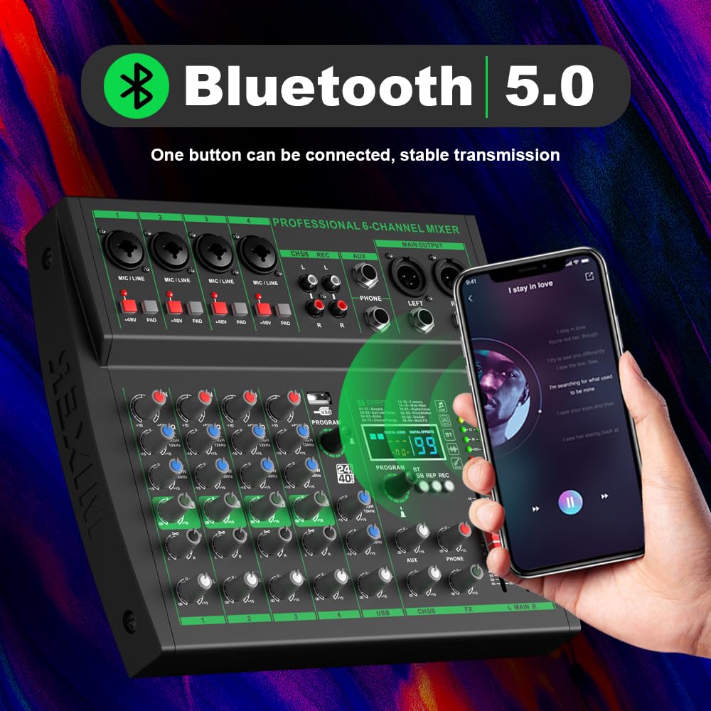 Nero MW-6 6 Canali Professional DJ Audio Mixer Controller Mixer Portatile con DSP 99 Preset Effetti per Live Streaming, Podcasting, Home Party
