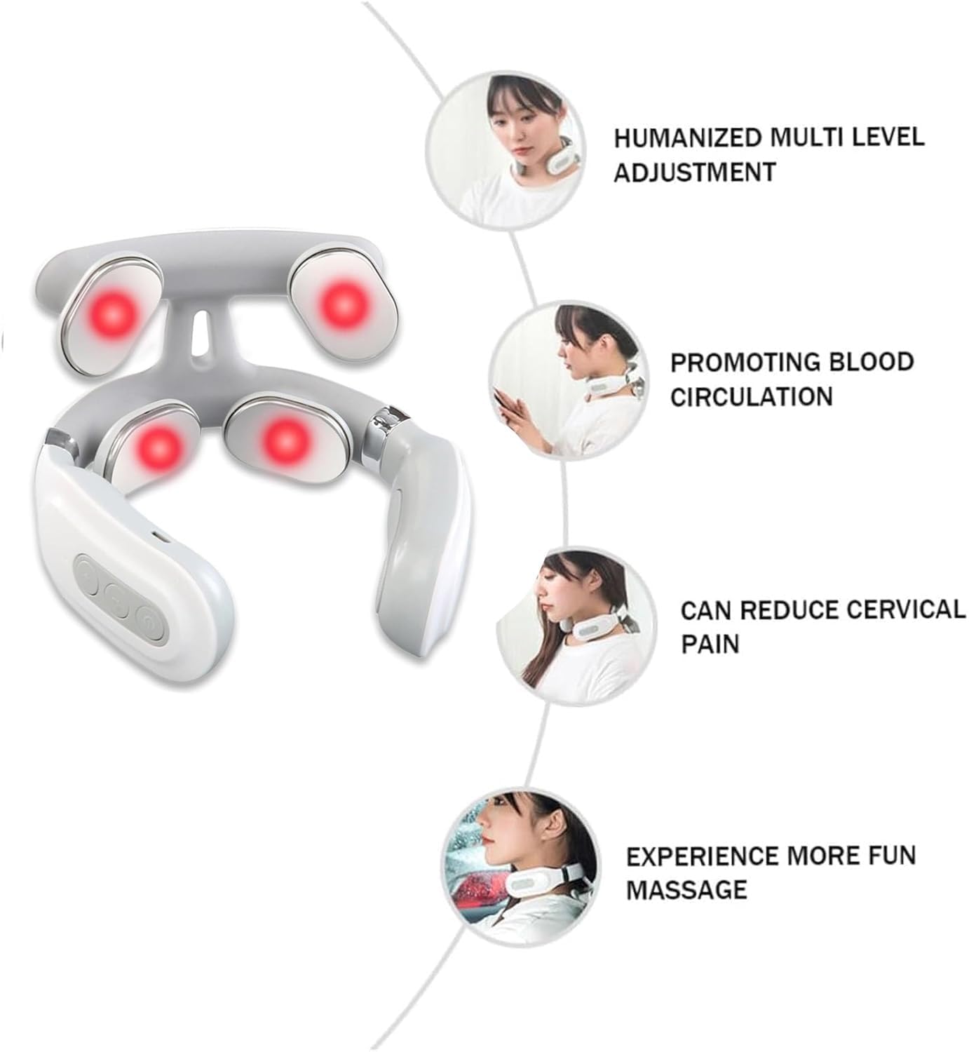 Massaggiatore Cervicale, 4 Teste con Calore, 6 Modalità e 15 Intensità, Dispositivo Portatile Ergonomico Senza Mani per il Relax Quotidiano