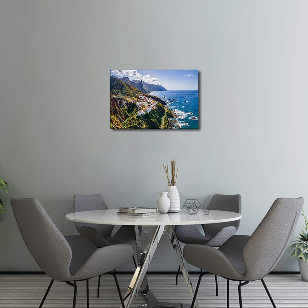 Canvas Wall Art Coastal Village at Tenerife Canary Islands Spain Landscape for Living Room Bedroom Home Decor Beach Artwork for Home Walls Framed Ready to Hang 8x12inch - Image 2