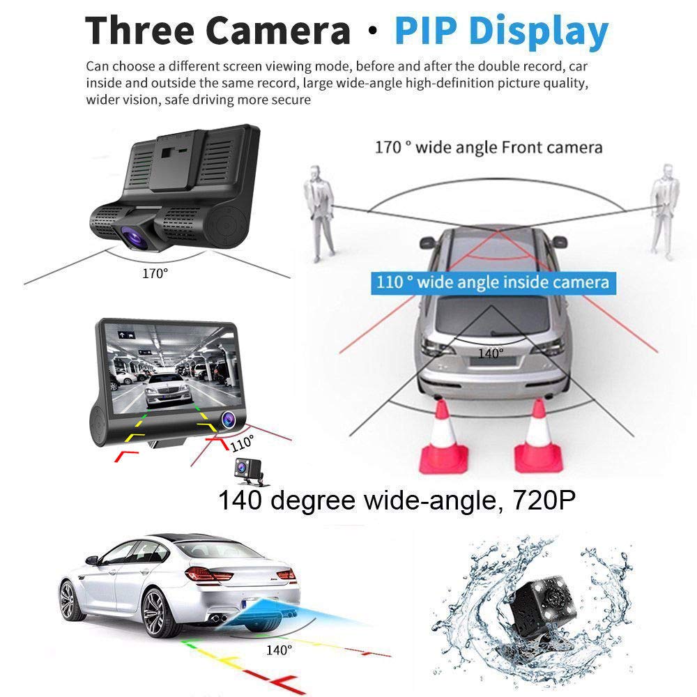 Hikity USB Dash Camera DVR 3 Cameras Lens 4'' Car Dash Camera Dual Lens | Dash CAM 1080P Grabación en Bucle Sensor G Monitor de Aparcamiento 170° Gran Angular Motion Sensor Tarjeta SD USB