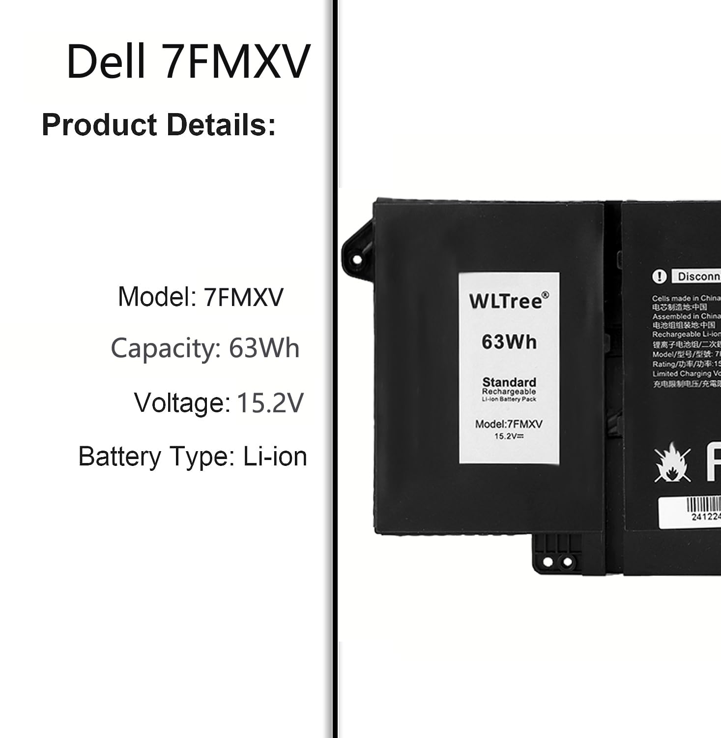15.2V 63WH 7FMXV Batteria per Dell Latitude 5320 7320 7420 7520 13 5320(2-in-1) Series TN2GY 0TN2GY 9JM71 4M1JN 1PP63 727CG HDGJ8 0HDGJ8 MHR4G CN-0727CG CN-0TN2GY Notebook Battery