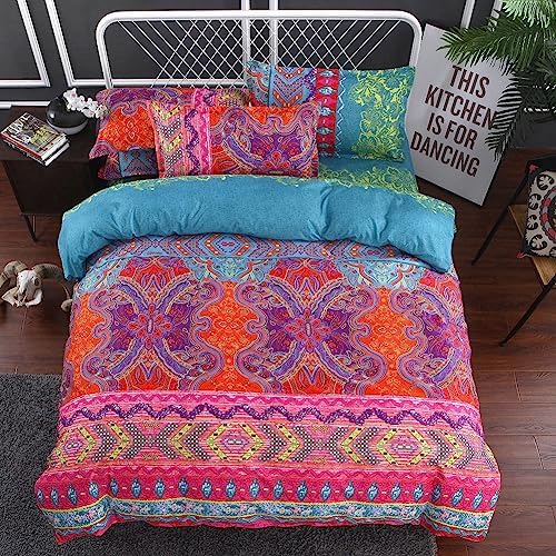 Bohemian Duvet Cover Queen Size, 3 Pieces Soft Lightweight Microfiber Duvet Cover Set, Colorful Ethnic Bedding Comforter Cover Set with Zipper Ties, 1 Duvet Cover and 2 Pillowcases, No Comforter