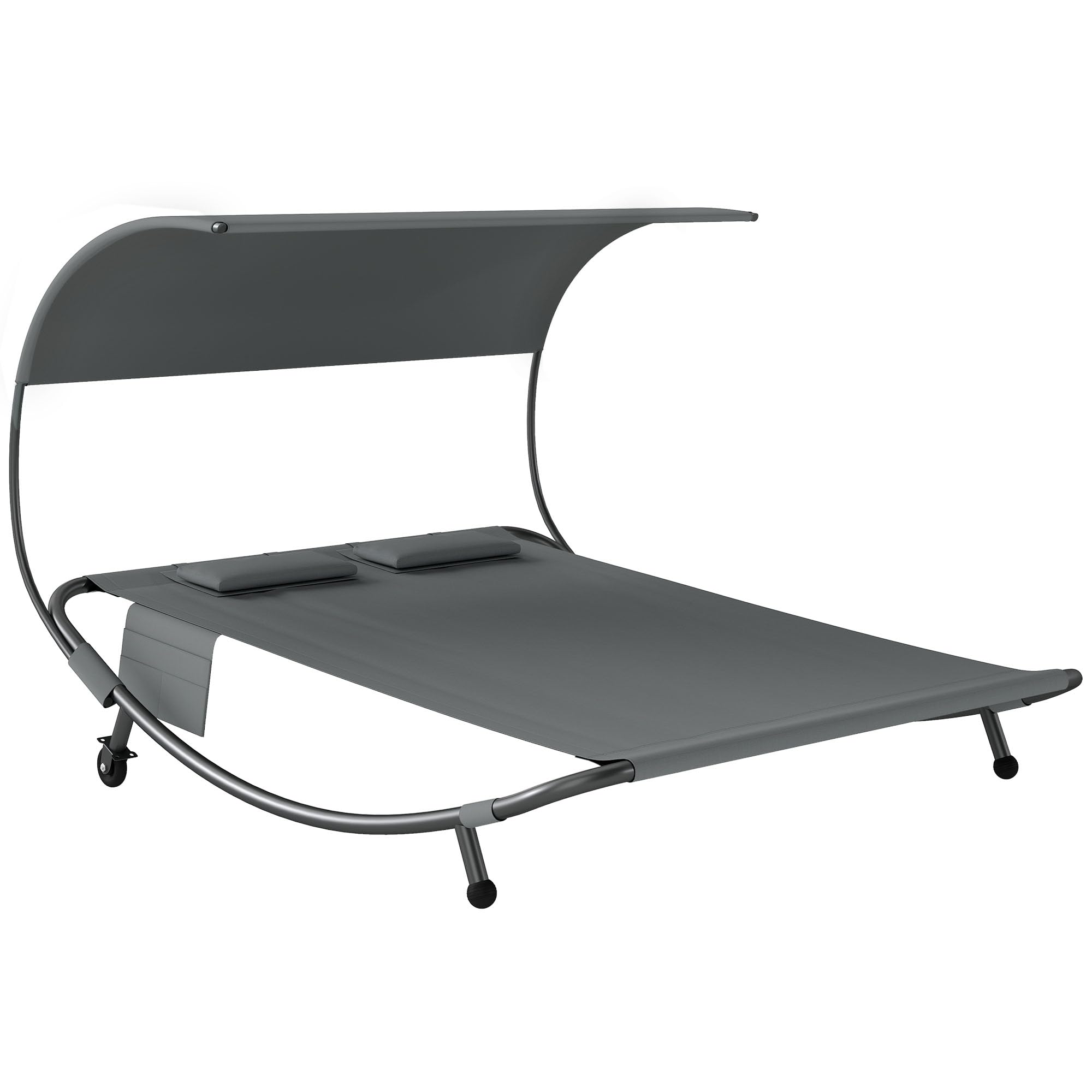Outsunny Tumbona doble de jardín con techo extraíble, tumbona de jardín de 2 plazas de textil con ruedas, 2 cojines, bolsillos, estructura de acero, para terraza y piscina, máx. 240 kg, gris