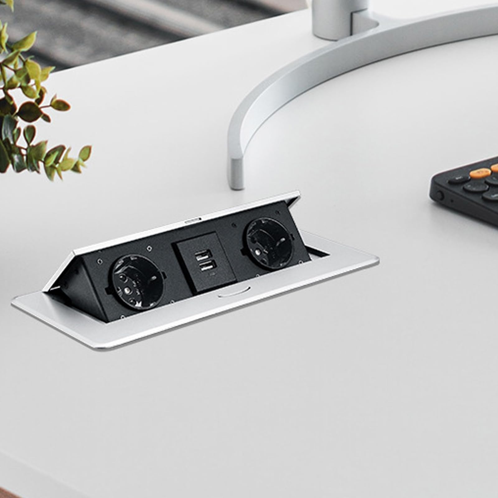 Vegena Enchufe De Mesa USB, Enchufe Multiple Retractible, Regleta Multienchufe Retráctil con 2 Puertos USB Enchufe Empotrable Retráctil para Encimera, Cocina, Taller (Plata)