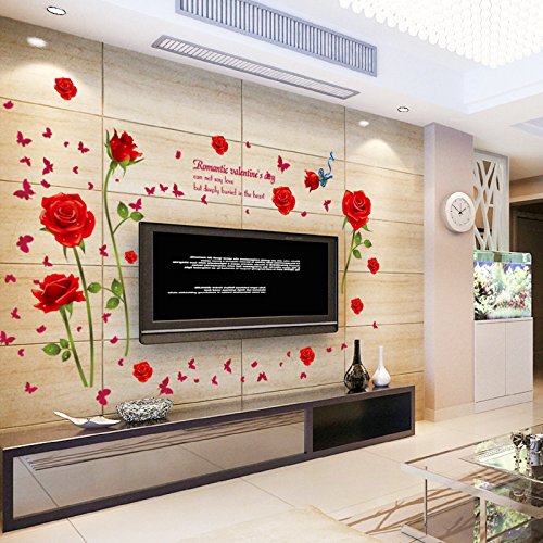 Oren Empower Red Roses Wall Sticker (147 cm X98 cm, Red), Vinyl, Botanical 1