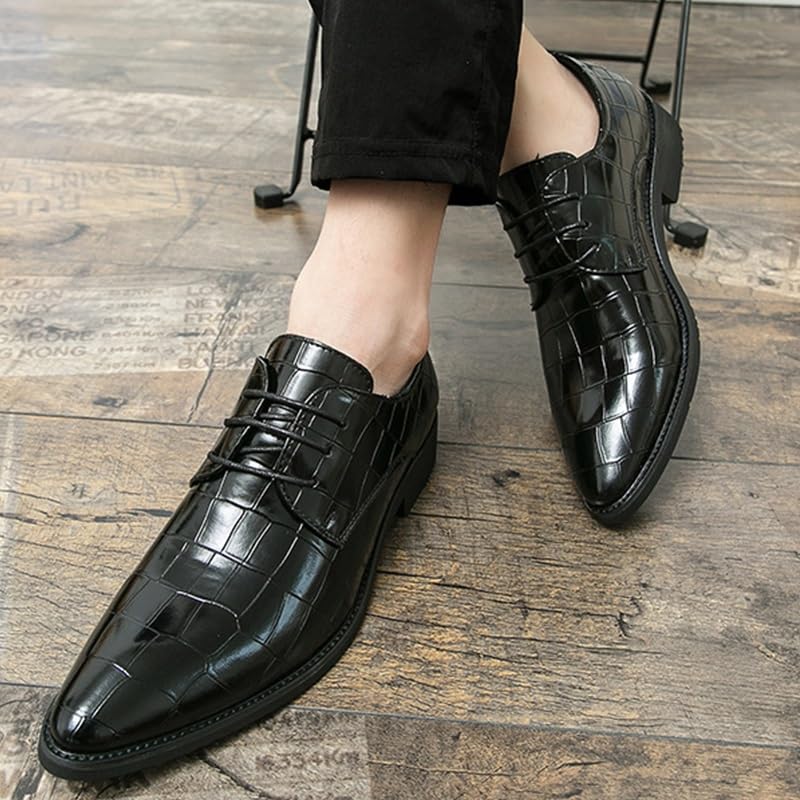 Men's Genuine Leather Oxford Shoes Men Vintage Lace Up Platform Dress Shoes Retro Pointed Chunky Heel Non-Slip Business Derby Shoes(Black,6.5) 5