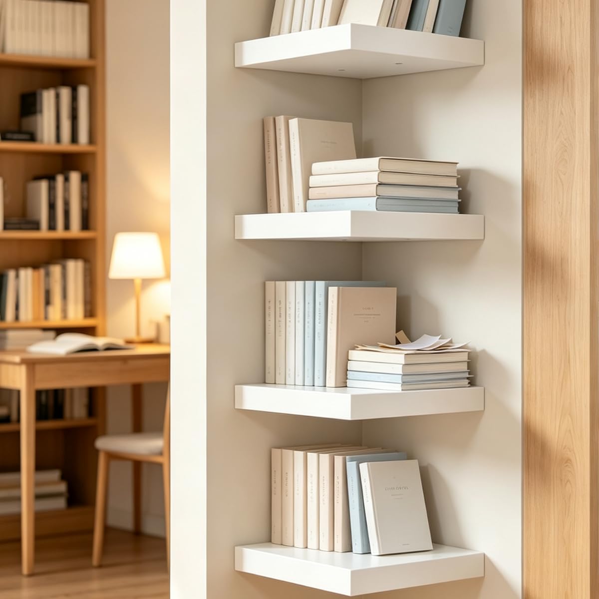 Set di 4 mensole da parete sospese, in MDF, colore bianco lucido