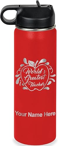 Miniatura 35 de LaserGram Botella de agua con tapa abatible de doble pared de 32 onzas con popote, el mejor maestro del mundo, grabado personalizado incluido (verde