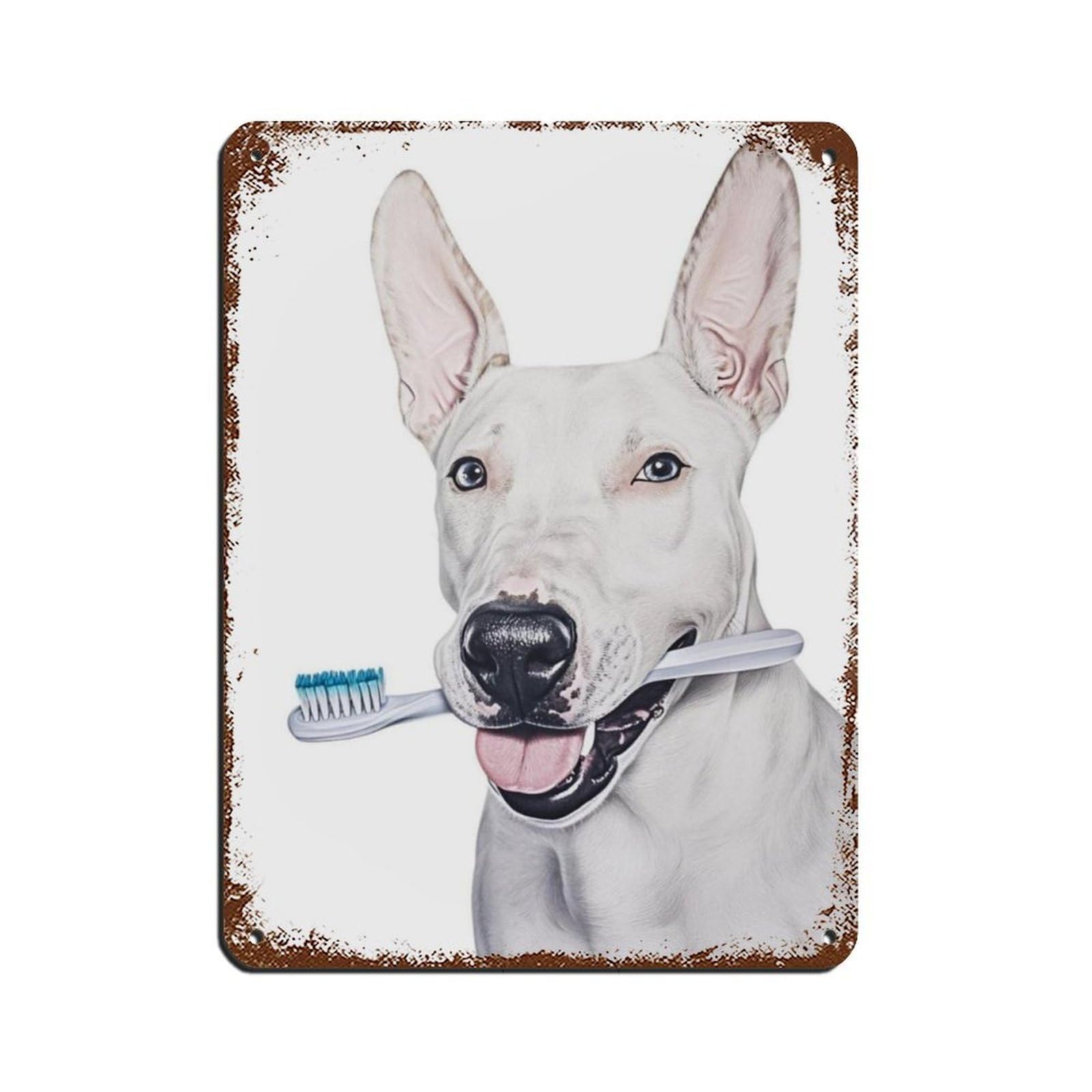 Bull Terrier Dog Bathroom Art Brushing Tin Sign Vintage Metal Pub Club Cafe Bar Home Wall Art Decoration Poster Retro 12x16inch(30x40cm)