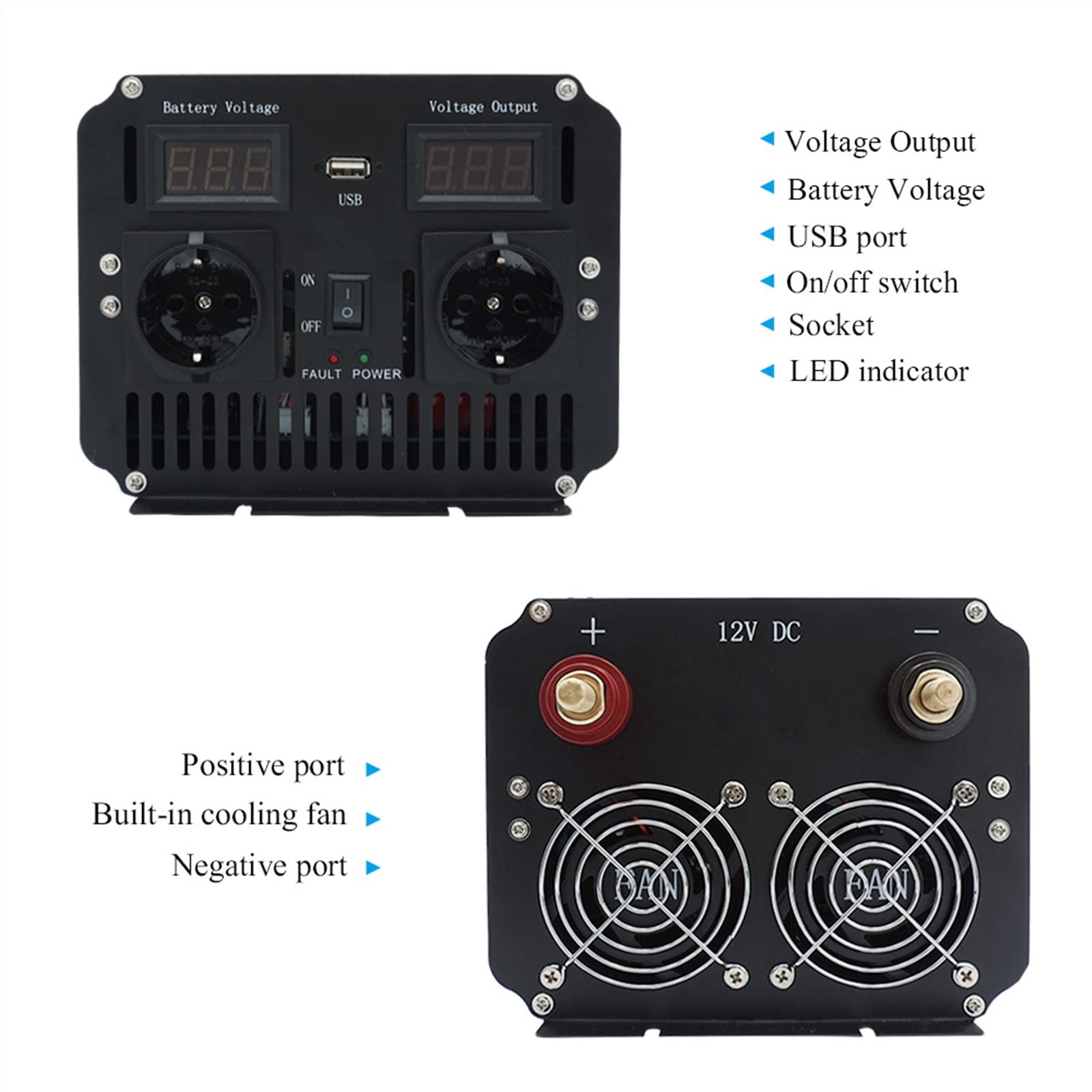 Inverter a onda sinusoidale pura Inverter 12v/ 24v 220v 6000w 50HZ/60HZ Onda sinusoidale pura Convertitore trasformatore di tensione solare Display a LED Ricarica doppia presa UE(12V 60HZ)