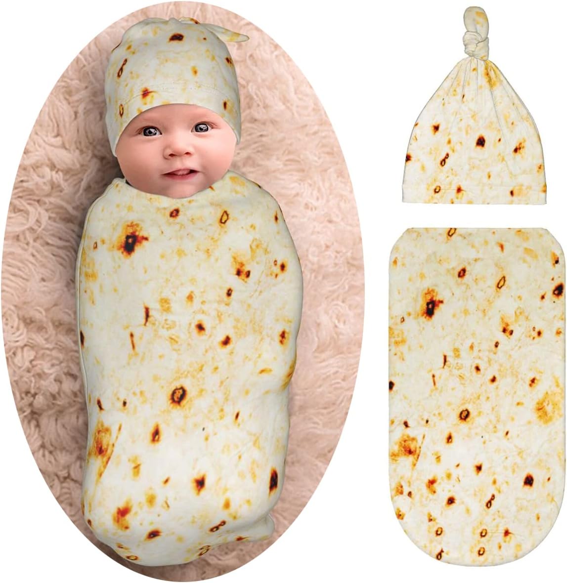 Burrito Taco Tortilla Newborn Swaddle Blanket with Beanie Set, Soft and Stretchy Baby Blanket Swaddle Sack Funny Gift for Boy and Girl Baby Shower