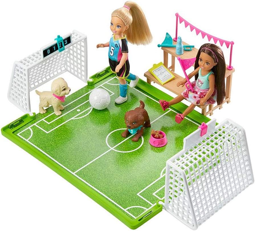 Barbie Chelsea Soccer Playset fully assembled with Chelsea doll, two puppies, goals, and bleachers on a green soccer field.