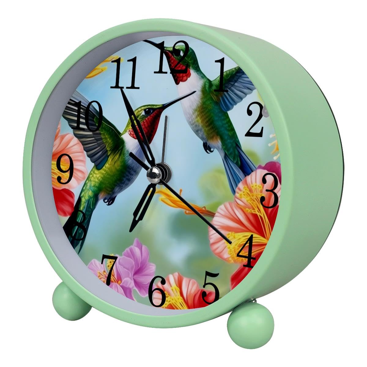 Alarm Clock Flowers and Hummingbirds, Silent Non-Ticking with Night Light