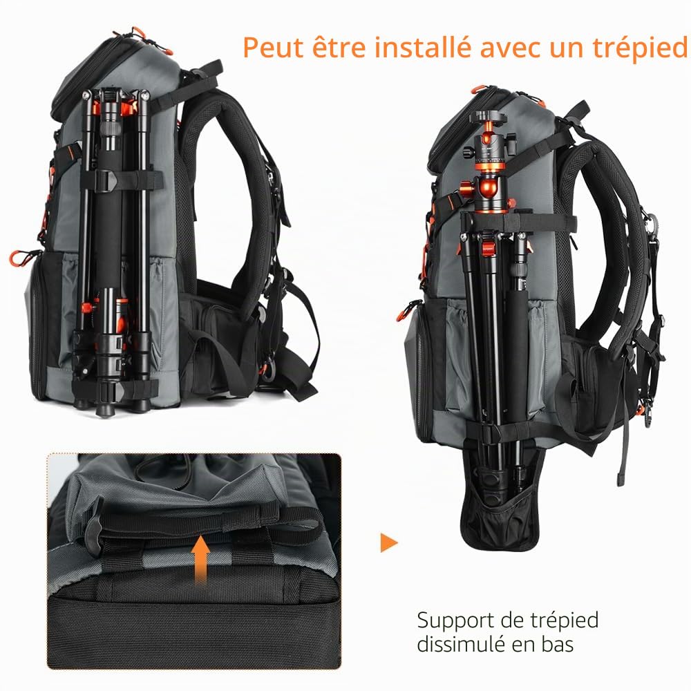 K&F CONCEPT Sacs à dos pour appareil photo pour photographes Sac de voyage énorme 32L Grands sacs pour appareil photo avec compartiment pour ordinateur portable et housse de pluie imperméable
