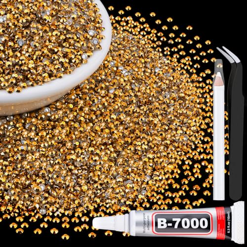 6000Pcs 3mm Resin Jelly Rhinestones with 1Pcs 10ml B7000 Jewelry Glue for Crafting Copper Gold Flatback Gems Bedazzling Crystal Bulk for DIY Crafts Clothing Shoes Nail Art Fabric