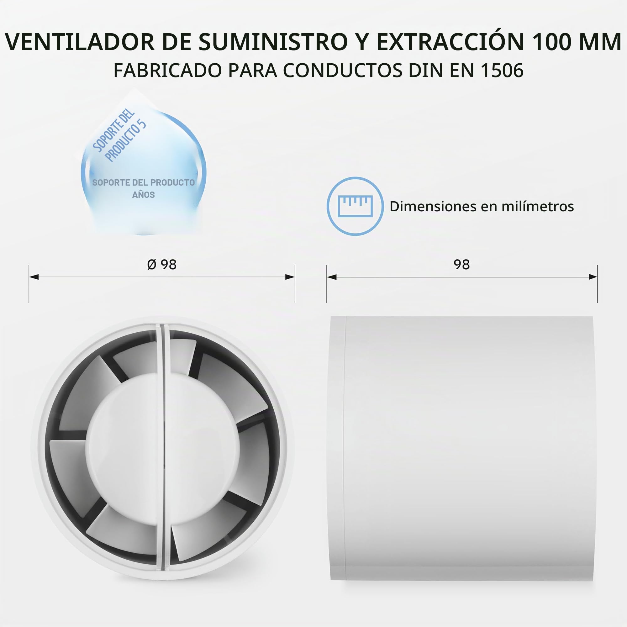 Inline 100mm - Extractor de Ventilador de Conducto Silencioso en Línea 130 m³/h, 32 dB, 12 W