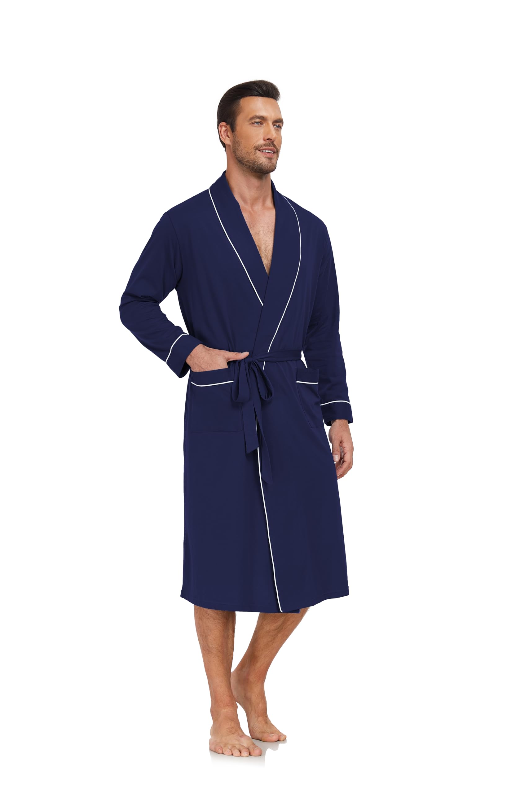 EA'S SECRET Herren Bademantel 100% Baumwolle Leichter Strick-Spa-Bademantel für Sommer Langes Schlafgewand mit Taschen klassischem Schalkragen