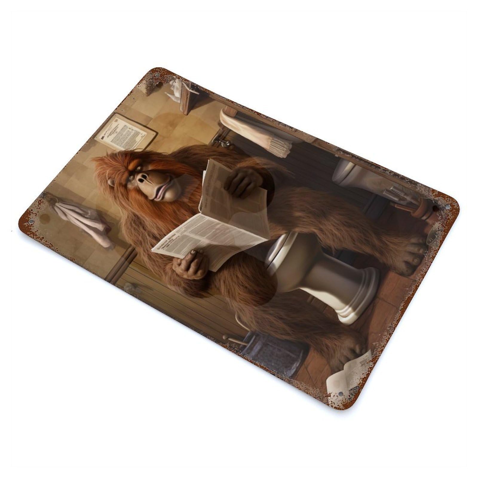 Rust Effect Bigfoot Toilet Newspaper Weathered Tin Sign 11.8"x7.9", Shabby Chic Decor for Cafe, Home Bar And Lounge Decor