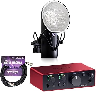 حزمة Focusrite Scarlett Solo USB-C Audio Interface من الجيل الرابع مع ميكروفون Aston Element Microphone KT وكابل ميكروفون Kellards XLR-P20T Pro بطول 20 قدمًا XLR، وكابل XLR من ذكر إلى أنثى ثلاثي الأطراف