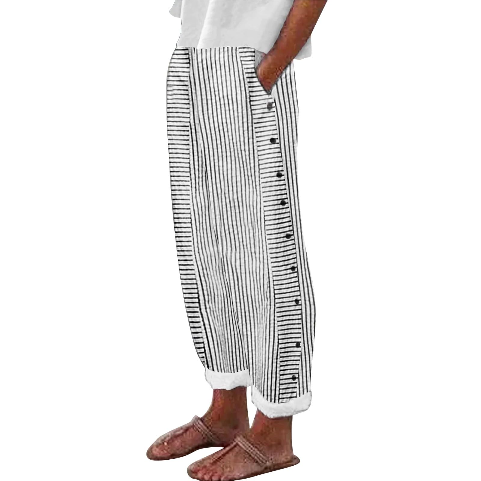NREALY Striped Linen Pants for Women Wide Straight Leg Side Button Pants Womens 2024 Baggy Elastic Waist Pants